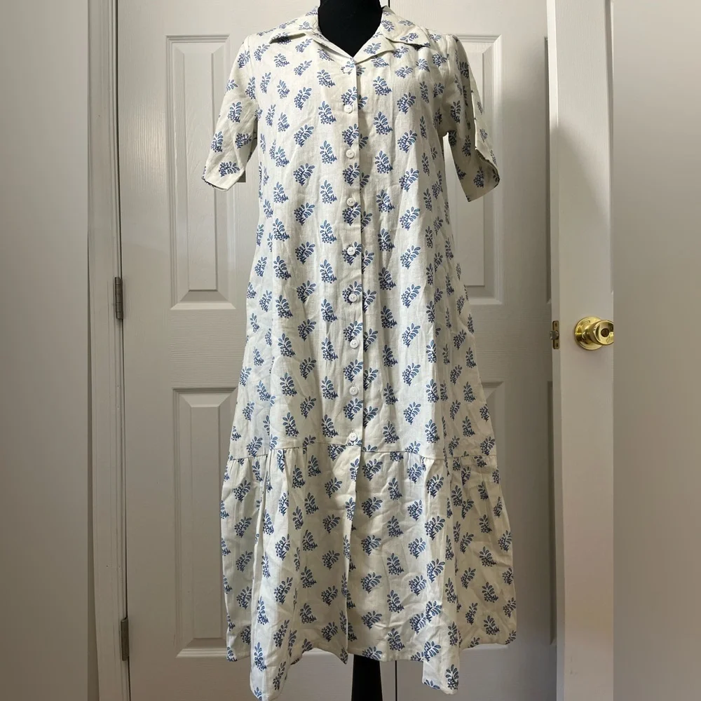 Janasya Printed Midi Dress Ivory Blue Floral Size XS - Picture 1 of 7